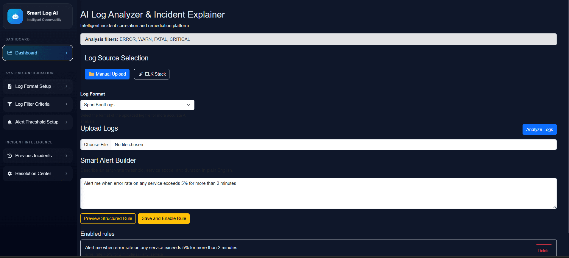AI Log Intelligence Platform analysis dashboard