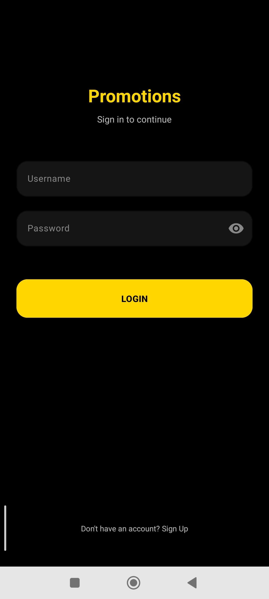 Customer promotions application login screen